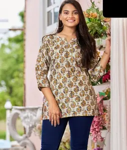 Indian Modern Style Ready to Wear Baumwoll bedrucktes Oberteil für normale und Büro kleidung Fancy Short Kurtis für Frauen Wear Fancy Top