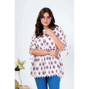 Blusa Peplum de Algodón Estampada para Mujer, Mangas 3/4, Estilo Casual Étnico, Talla XL, Tejido Popelina Transpirable, Patrón Floral Bordado - Product Image 5