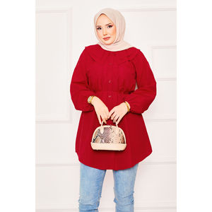 Red Modest <b>Tops</b> Double Collar Hijab Shirt with Drawstring Waist Versatile Clothing Accessory - Product Image 3