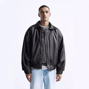 Veste en cuir véritable personnalisée pour homme, vintage, lisse, monochrome, respirante, avec col montant, logo sur le devant, fermeture éclair - Product Image 1