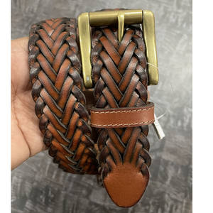 Cinturón de Cuero Trenzado Vintage Hecho a Mano para Hombre, Color Marrón Oscuro con Costuras Blancas y Hebilla de Latón Antiguo - Product Image 1