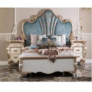 Juego de cama de tamaño Queen de madera estilo Rococo francés, cama hecha a mano con acabado clásico y soporte de noche para habitación principal, camas talladas a mano - Product Image 1