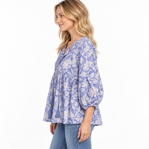 Blusa Informal India Tejida a Mano con Estampado de Bloques, de Algodón Puro, Diseño Floral Bohemio, Ecológica, de Secado Rápido, con Mangas Abullonadas - Product Image 4