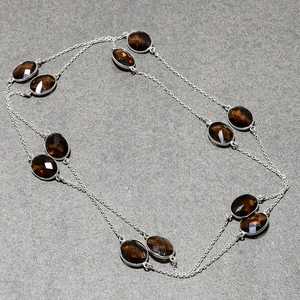 Collier Quartz fumé 925 argent Sterling pierre précieuse chaîne lunette ensemble bijoux faits à la main élégant pendentif pierre brune cadeau pour les femmes - Product Image 1