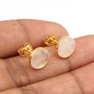 STUD021 joyería fina de moda 9mm Arco Iris piedra lunar plata esterlina chapado en oro Stud pendientes piedras preciosas naturales bisel ajuste regalo - Product Image 6