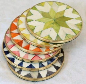 Traditional Designer Bamboo Bone Inlay Heat Resistant Eco-Friendly Square Asian Zen Customizable Coasters Set for Office <b>Desk</b> - Product Image 4