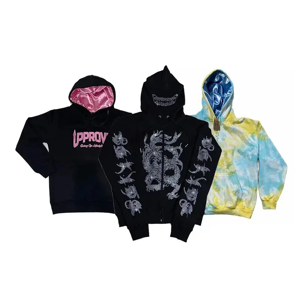 manufacturers for customs hoodies full face zip hoodie luxury streetwear regular fit rhinestone zip up hoodie