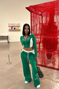 ชุดออกกำลังกายกางเกง2ชิ้นสำหรับผู้หญิงชุดวอร์มลำลองมีซิปรูดกางเกงทรงตรงมีเชือกรูด - Product Image 4