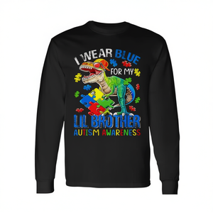 Camiseta de manga larga con diseño de dinosaurio para concienciar sobre el autismo 'I Wear Blue for My Lil Bro'-Camiseta promocional - Product Image 2