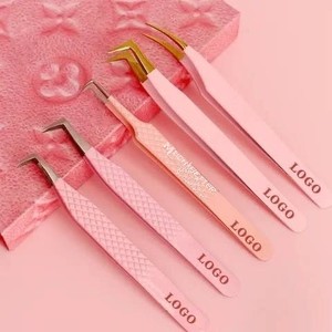 Juego de pinzas para pestañas de volumen con punta de fibra de etiqueta privada personalizada Pinzas para pestañas de acero inoxidable para extensión de pestañas con rosa claro - Product Image 4