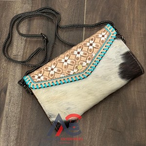 Cartera cruzada de cuero tallada a mano, funda de teléfono de embrague, carteras de cuero de vaca occidental, Cartera de Color turquesa para mujer - Product Image 1