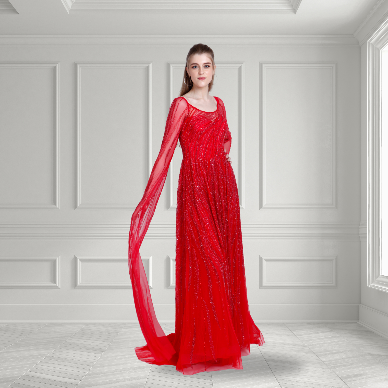 elegant red evening dresses with sleeves Wine Beaded Corset Dress Cape SS349 Featuring soft puff sleeves Red Floor Length Chiffon Dress