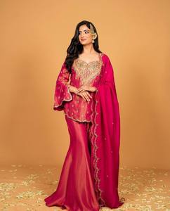 Laisser mijoter soie Sharara costume ensemble prêt à l'emploi pakistanais indien fête Salwar Kameez Dupatta cousu vêtements de mariage traditionnels - Product Image 2