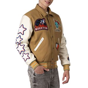 Blouson universitaire graphique pour homme, corps en laine, manches en cuir, col rond, patchwork chenille, broderie, style Letterman, vintage - Product Image 3