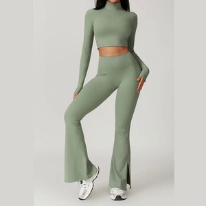 <b>Women's</b> Solid Yoga Set 2-Piece Workout Sportswear-High Waist <b>Leggings</b> Long Sleeve <b>Crop</b> Top Gym Fitness Clothing Sports Suits - Product Image 5