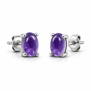 Amethyst Cabochon Oval Cut <b>Stud</b> Earrings Children's Party Gift Wholesale Trendy Wedding Rhodium-Plated Sterling <b>Silver</b> - Product Image 4