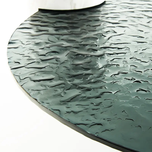 Mesa de centro de cristal texturizada gris redonda templada ondulación de agua moderna con patas cilíndricas de mármol - Product Image 4