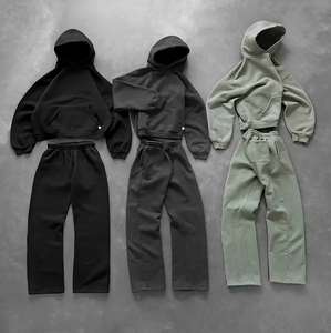 Ensemble de survêtement pour homme, sweat-shirt à capuche ample et court en molleton français uni, personnalisable en gros - Product Image 1