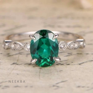 Anillo de Esmeralda cultivado en laboratorio de corte ovalado de 10*8mm, impresionante forma ovalada verde, anillo de compromiso de oro sólido de 10K, tono de Metal personalizado/pureza - Product Image 1
