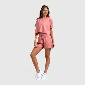 Özel % 100% pamuk streç gevşek fit yüksek bel kadınlar rahat şort Loungewear rahat yumuşak Yoga egzersiz şortu