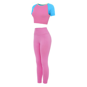 Ensemble demi-manches côtelées Fitness Yoga Wear Ensembles moulants 2 pièces T-shirt court Top Taille haute Leggings Ensembles de gymnastique d'entraînement - Product Image 2