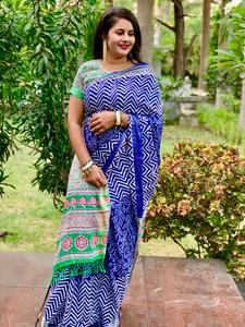 Multi Color Pure Cotton Lehriya Patola Print Sari Heavy Weaving Zari Chordal Indian & Pakistani Style - Product Image 2