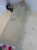 Nouvel ensemble haut et pantalon en faux georgette de créateur avec broderie de sequins magnifiques, et dupatta brodée de sequins sur le côté, pour les soirées, style Bollywood, en soie