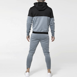 ชุดวอร์มผู้ชายแบบมีฮู้ดซิปเต็มชุดออกกำลังกายผ้าฝ้าย100% ชุดกีฬาสองชิ้นสีดำเทาเข้ม - Product Image 4