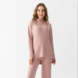 Women s Knitwear Two-Piece Tracksuit Set High Quality Plain <b>Turtleneck</b> Oversized <b>Sweater</b> and Trouser Set Soft Textured Knitwear - Product Image 1