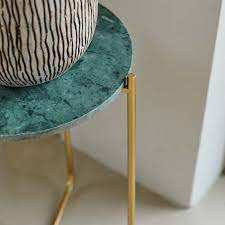 Table d'appoint ronde déco en métal doré avec dessus en marbre vert - Product Image 2
