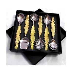 Ensemble de cuillères à salade de luxe en acier inoxydable avec poignée en laiton 6 pièces pour la cuisine, la salle à manger et l'hôtel - Product Image 1