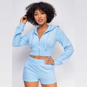 OEM Custom Lady Cropped Fleece Hoodie Spring Fashion Casual Fitness Top Short Pants Jogger Solid Winter Running 2 Piece Set - Product Image 6