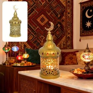 Elegant Gold Metal Crescent Top <b>Lantern</b> <b>Candle</b> Holder with Intricate Cutwork Warm Glow Decorative Accent <b>for</b> Festive Home Decor - Product Image 3