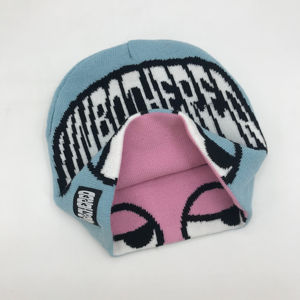 Gorro de invierno con logotipo personalizado unisex con etiqueta tejida reversible de dos colores imagen elegante personaje de dibujos animados al aire libre patrón de frutas - Product Image 2