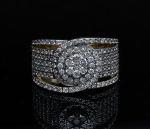 Bague large en or 14 carats plaqué rhodium, sertie de diamants naturels taille brillant, design double halo circulaire pour femmes - Product Image 1