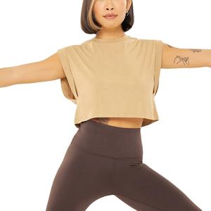Camiseta de entrenamiento recortada para mujer, camiseta de Yoga sin mangas de mezcla de algodón de ajuste holgado, camiseta de Athleisure de etiqueta privada OEM para venta al por mayor - Product Image 4