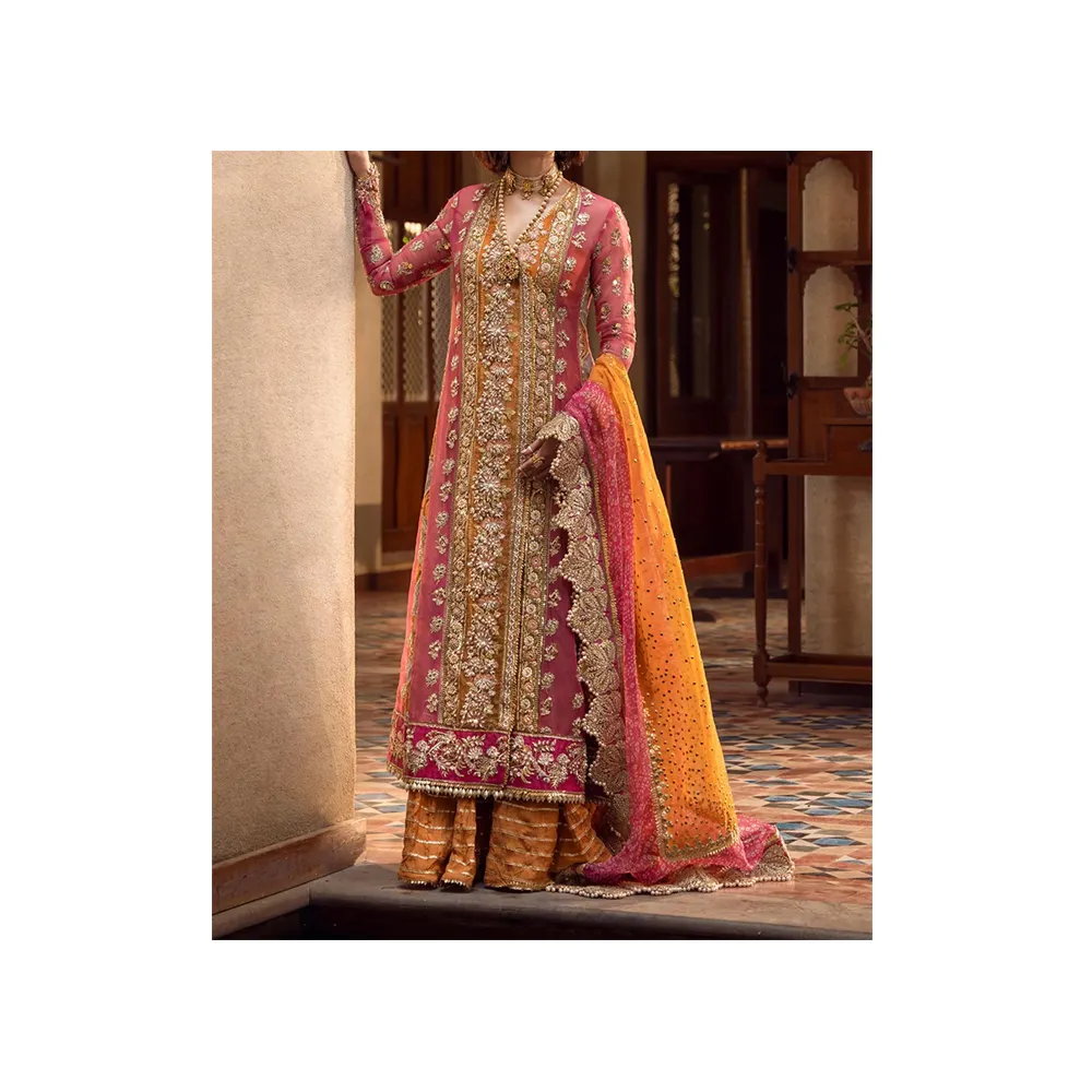 Cazip gelin saten kumaş işlemeli parti elbise giymek kadınlar Lehenga hindistan ve Pakistan ağır elbiseler