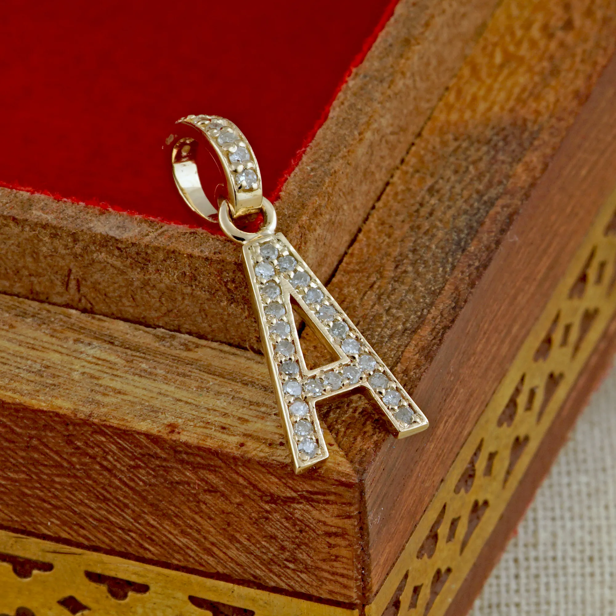 Pave Diamond Initial A Charm Pendant 14k Solid Yellow Gold Jewelry Birthday Gifts Alphabets, Letters