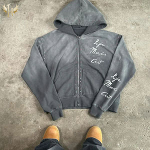 Sweat-shirts à capuche zippés pour hommes, streetwear, logo personnalisé, surdimensionnés, lourds, 100% coton, imprimés, vintage, délavés à l'acide, usés - Product Image 1