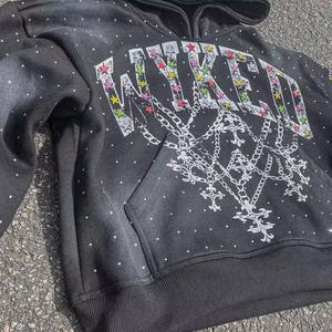 Custom Streetwear Embroidery Patch Mens Rhinestone Hoodie Acid Wash Sun Faded 400 GSM Heavyweight Zip up Rhinestone Hoodie - Product Image 2