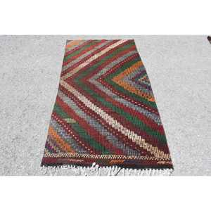 Alfombra Turca, Alfombra Decorativa de 3.2x6.3 pies, Alfombra de Lana Kilim Roja y Verde - Product Image 1