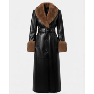 Wholesale Supplier Womens Winter Long Leather Trench Coat with Faux Fur Trim Collar Cuffs Belted <b>Black</b> Coat With Customization - Product Image 1