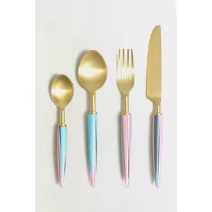 Ensemble de couverts en acier inoxydable plaqué or pour la cuisine et les restaurants, manche en résine solide bleu ciel, ensemble de couverts - Product Image 2