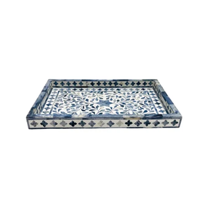 Bandeja rectangular de incrustaciones de hueso de remolino intrincado azul claro y blanco, decoración artesanal para el hogar, disponible a precios al por mayor. - Product Image 6