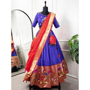 Elegante Lehenga Choli con Bordado Jacquard en Azul Zari, Ropa de Boda - Product Image 2