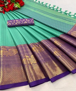 SAREE DE TRABAJO DE JACQUARD DE SEDA DE ALGODÓN MÁS RECOGIDO CON BLUSA SIN COSTAR ROPA FUNCIONAL PRECIO AL POR MAYOR ROPA ÉTNICA TEAL - Product Image 1