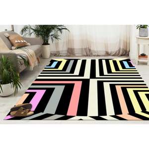 Alfombra a Rayas Coloridas, Alfombra con Estampado Digital Geométrico, Tapete con Líneas Negras Intensas, Alfombra de Chenilla - Product Image 5