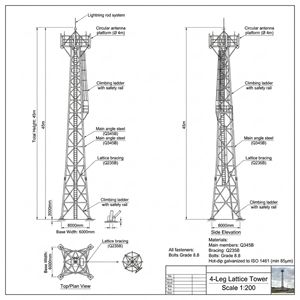 Torre Autoportante in Acciaio Zincato a 4 Gambe per Telecomunicazioni Mobili 4G/5G con Piattaforma per Torre Cellulare 5G - Product Image 3