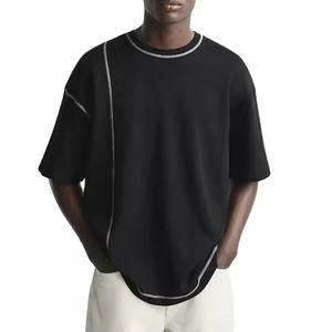 Camiseta negra de gran tamaño de algodón pesado personalizada para hombre, ropa de calle de doble puntada, cuello redondo, hilo teñido, antibolitas para otoño - Product Image 3