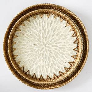 NOUVEAU PRODUIT! Tienphong fait à la main motif blanc rond fait à la main en rotin et nacre plateau de service Table basse plateau à thé - Product Image 1